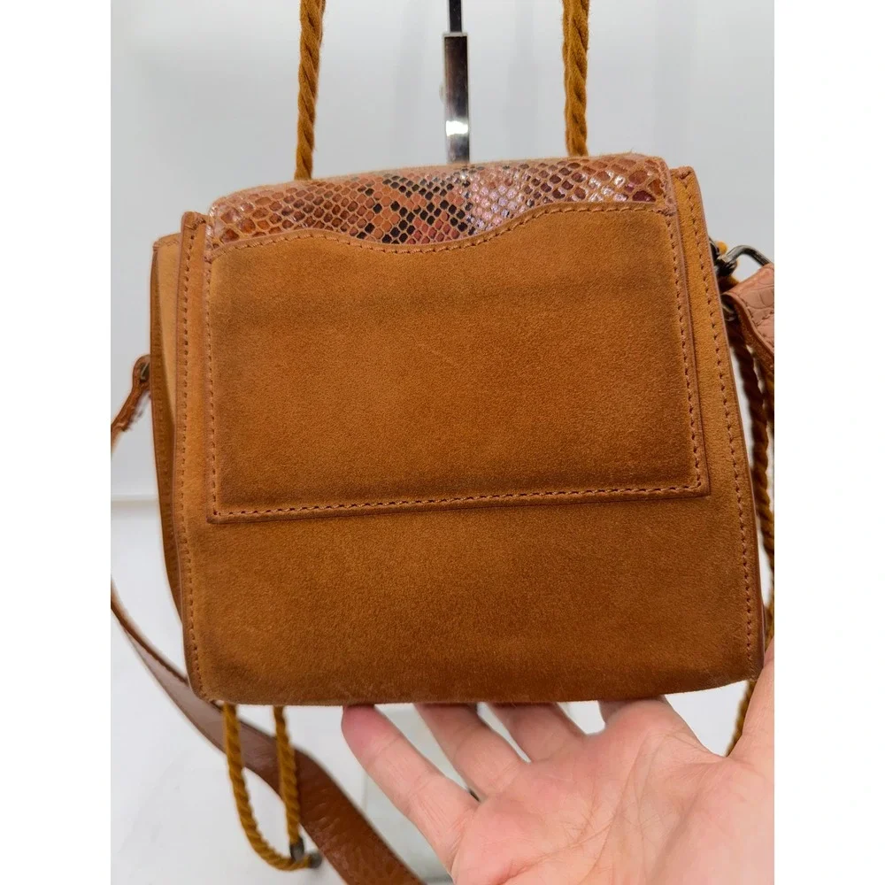 Free People Brown Suede Snakeskin Embossed Leather Crossbody Bag Rope Handle - Picture 7 of 12